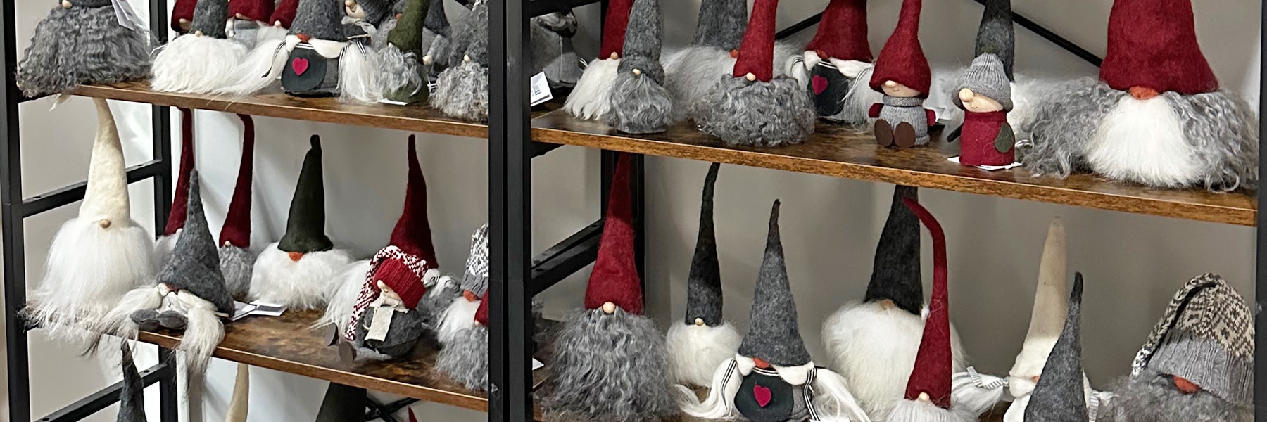 Shelves of wool gnomes at Yankee Wool Works, Sturbridge, MA